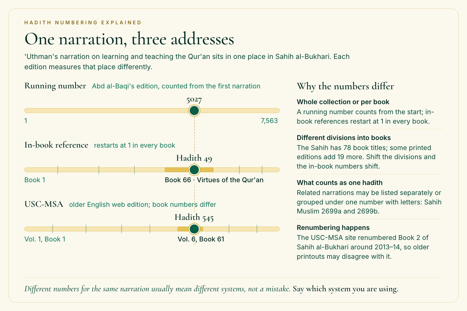 Diagram of three numbering rulers for one Bukhari narration: running number 5027, in-book Book 66 Hadith 49, and USC-MSA Vol. 6 Book 61 Hadith 545