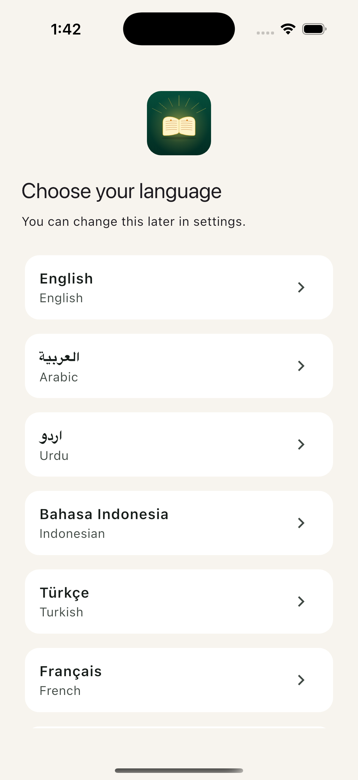 Aydeen language picker — eight options including Arabic, English, Urdu, Bahasa Indonesia, Türkçe, Français